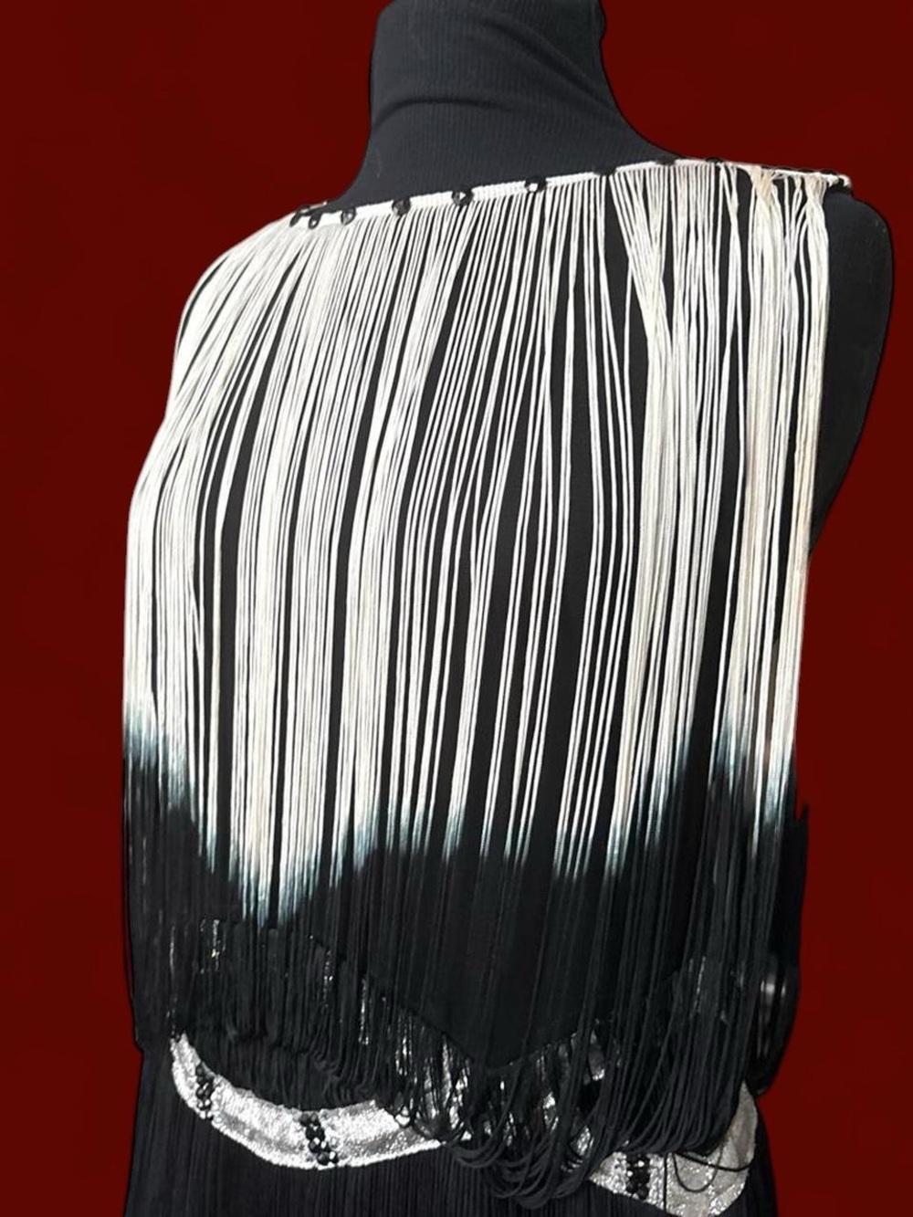 Fringed Ombre Sleeveless dress with embellishments - Black & White